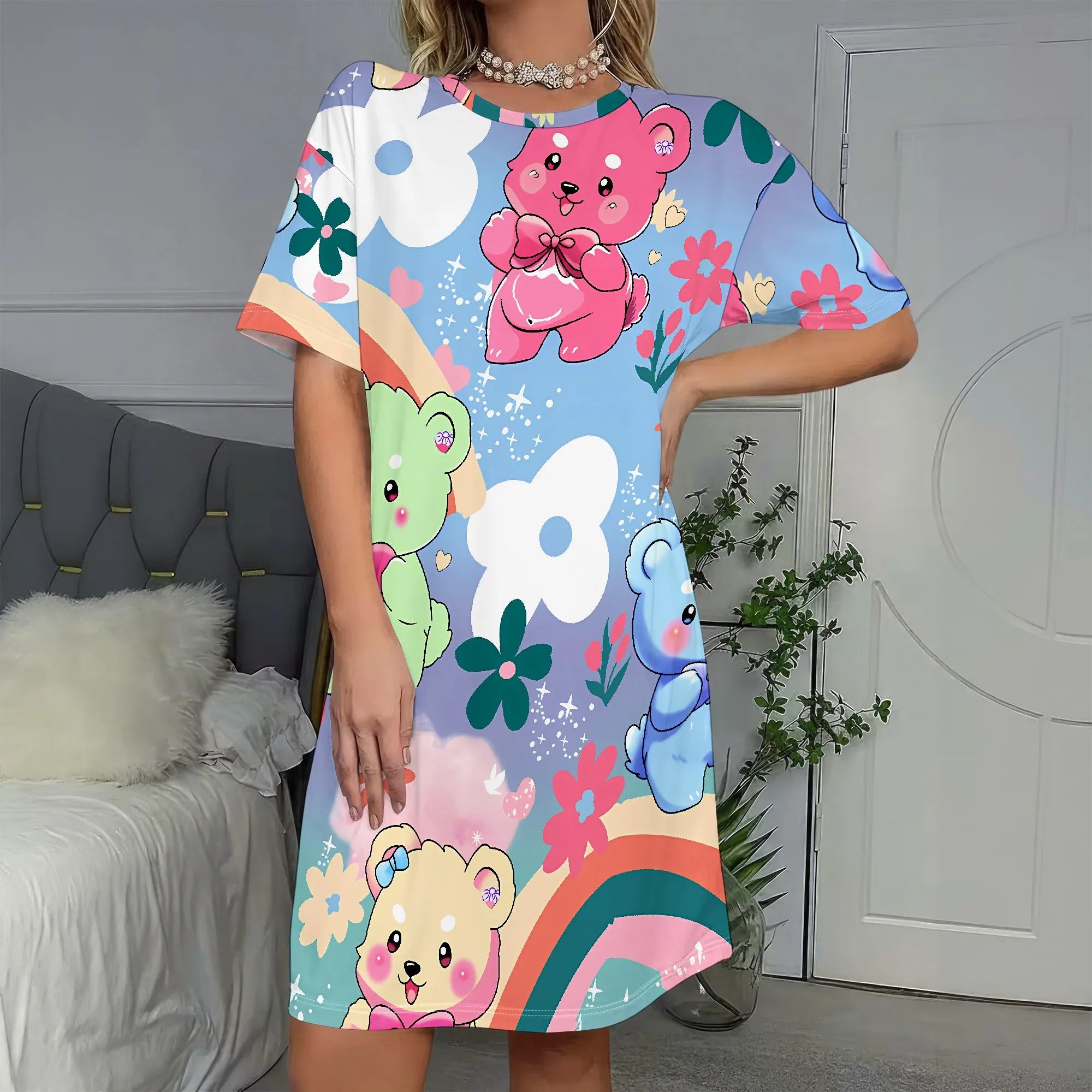 

Cute Bear, T-shirt Dress, Rainbow Print Summer Casual, Cartoon Pattern Beach Wear, Pastel Colors Vacation Outfit, S-2XL