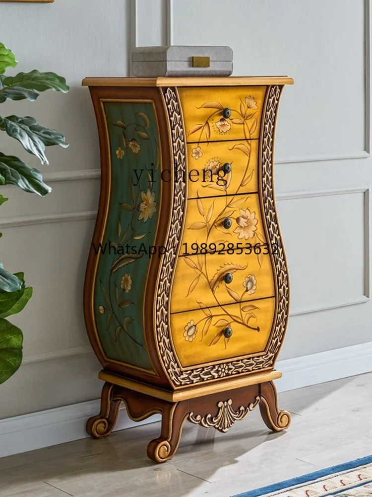 LYY  entrance chest cabinet solid wood American vase decorative cabinet storage finishing side cabinet retro painting