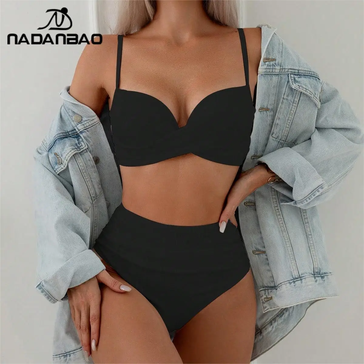 

Nadanbao Ladies High-Waist Pure Color Bikini Sexy Bikini Tops Beach Casual Style Swimsuit Bikini Summer Women's Clothing