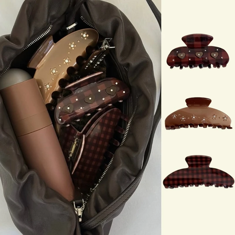 2026 New Chocolate Color Hair Clips for Women Autumn Winter Rhinestone Heart Checkered Acetate Hair Claw Clip Hair Accessories
