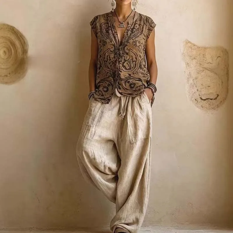 Conjunto De 3 Piezas De Lino Y Algodón Para Vacaciones: Chaleco Sin Mangas Con Cuello En V Y Estampado Vintage, Pantalones De Pierna Ancha Y Cárdigan Holgado. — -20%, 12.5€ Coupon, from 49.99€ – 20% descuento – €49.99