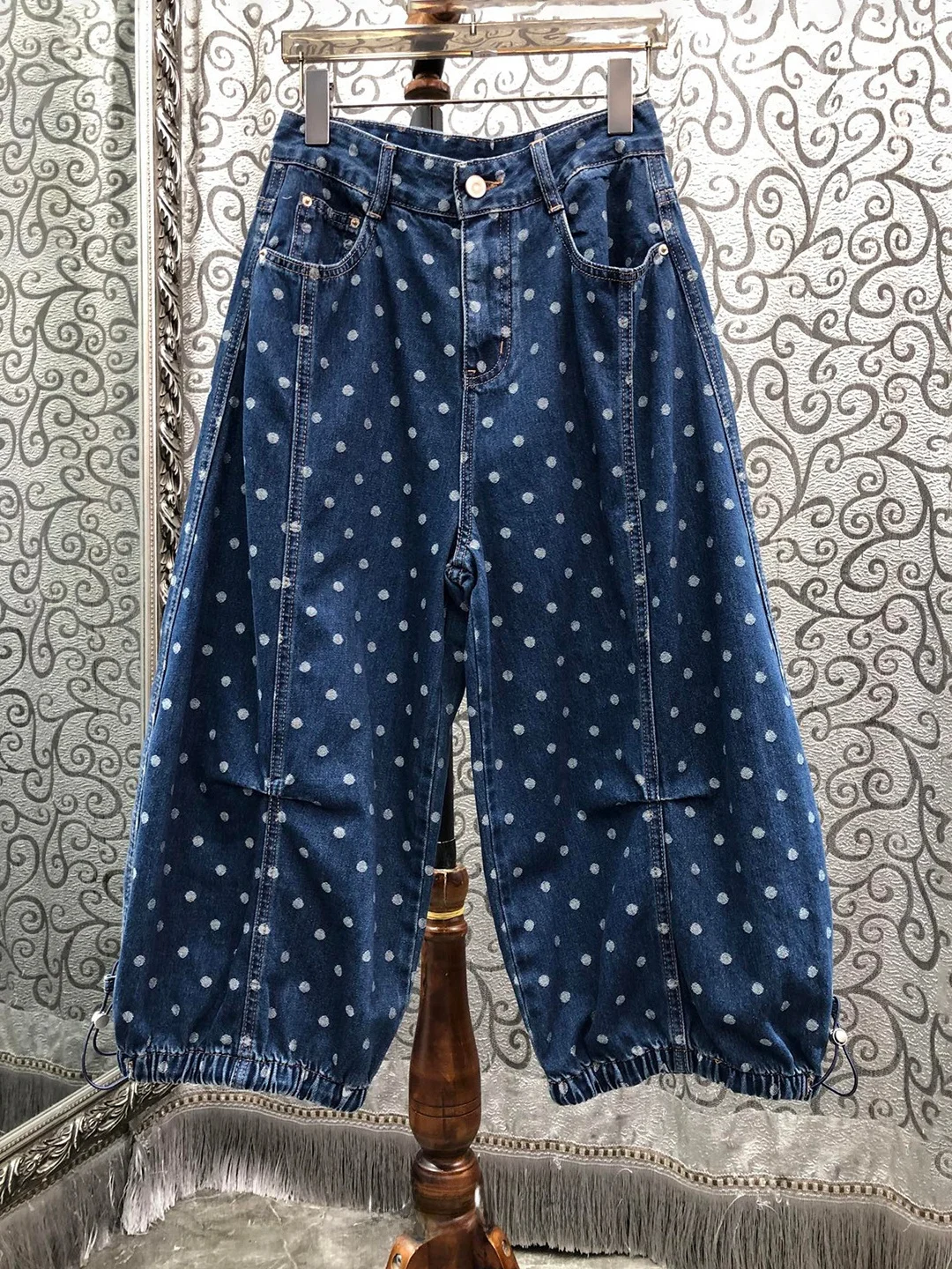 

Milan Small Town High Waist Wide Leg Jeans Women's Drawstring Lantern Pants Knot Summer Casual Denim Skinnies