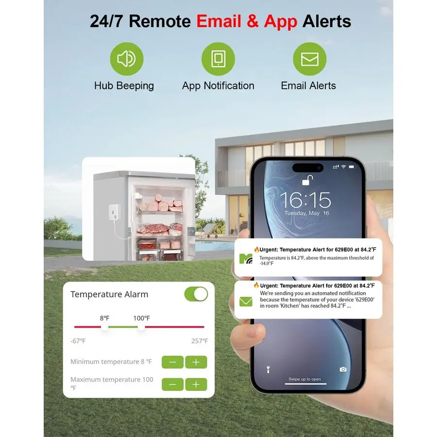 WiFi Freezer Thermometer Alarm with Digital Monitor Hub, App and Email Alerts, 2Year Data Export, Remote Temperature Sensor for