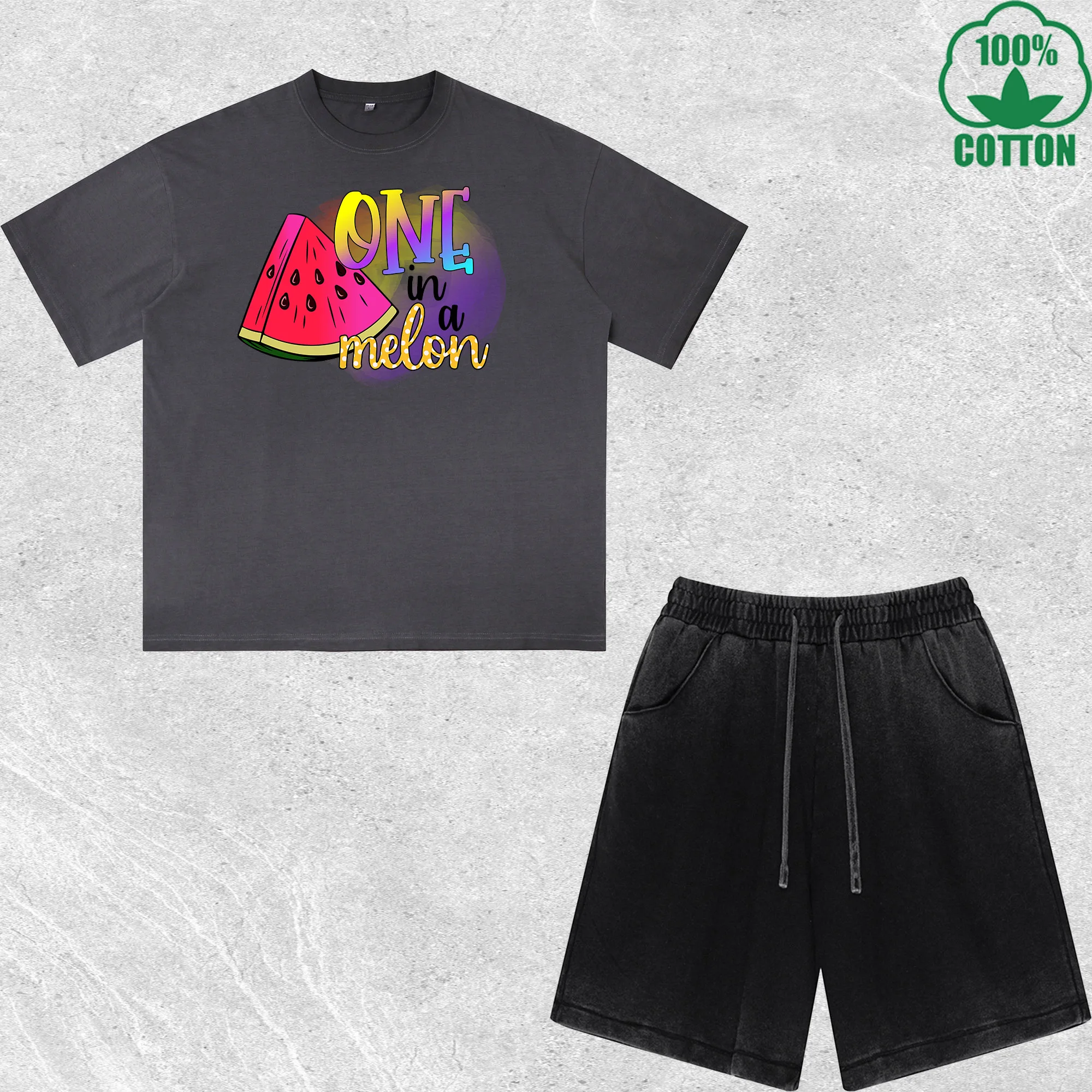 

One Melon Printed Dirty Wash T-Shirt Shorts Set Multicolor Combo Loose Trendy Fashionable 100%Cotton