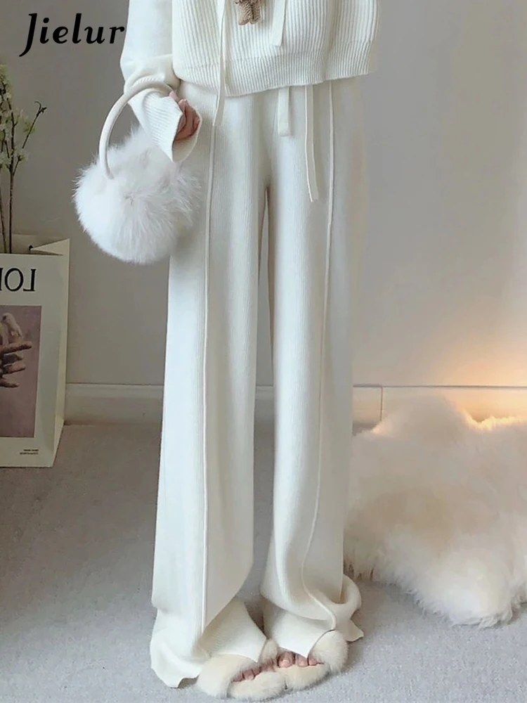 Jielur New Women's High Waist Split Knitted Casual Pants Spring Fashion Loose Women Off White Floor Sweeping Wide Leg Pants