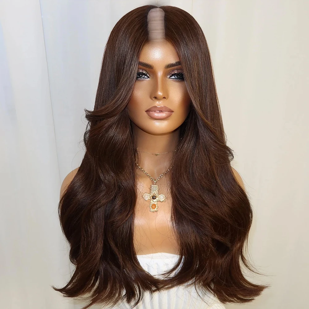 Loose Wavy Dark Brown U Part Wigs Human Hair for Women Chestnut Blonde No Glue V Shaped Wig Human Hair with Clips/Comb Easy Wear