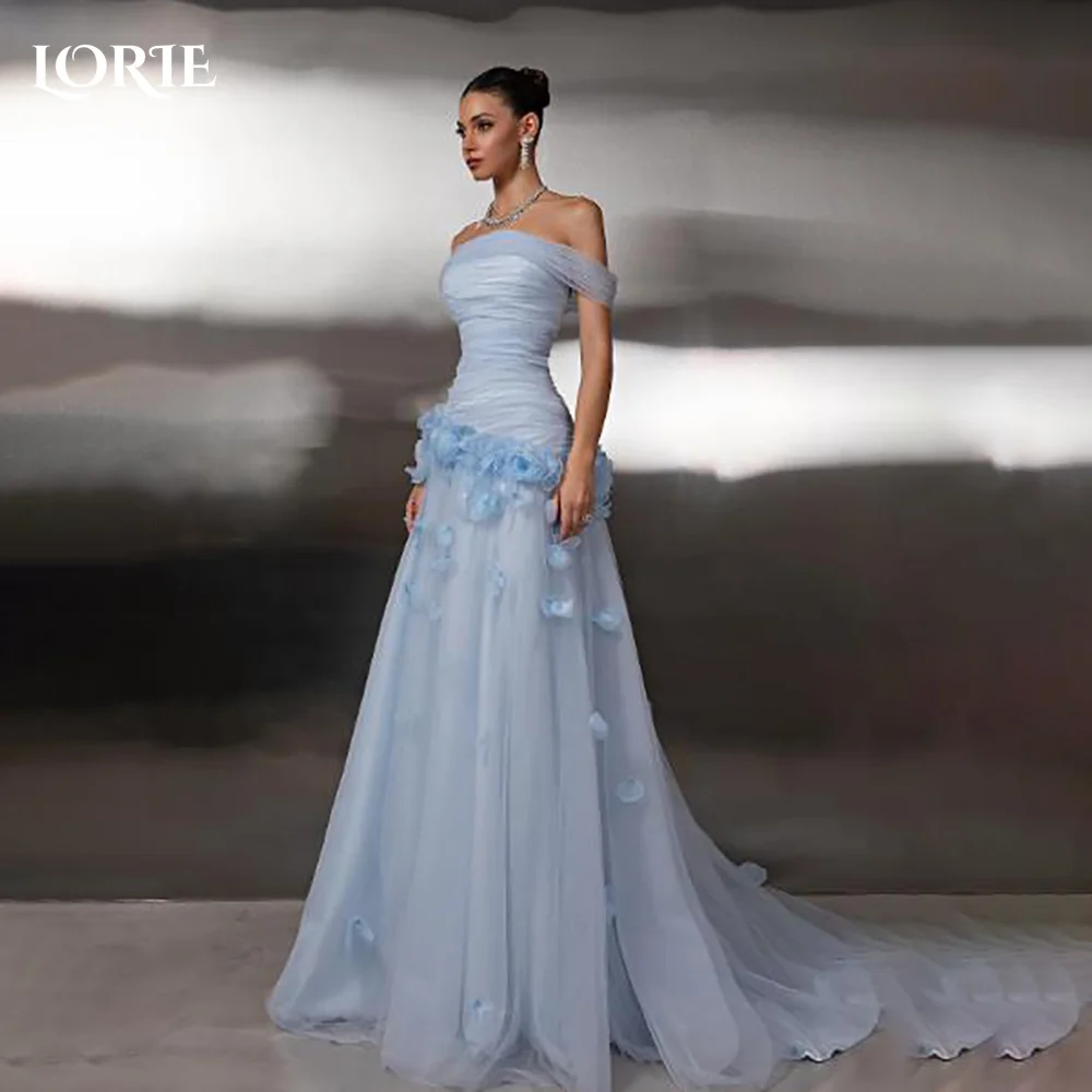 

LORIE Blue Luxury Evening Dresses Off Shoulder 3D Flowers A-Line Backless Pleats Prom Dress Customized Brithday Party Gowns 2026