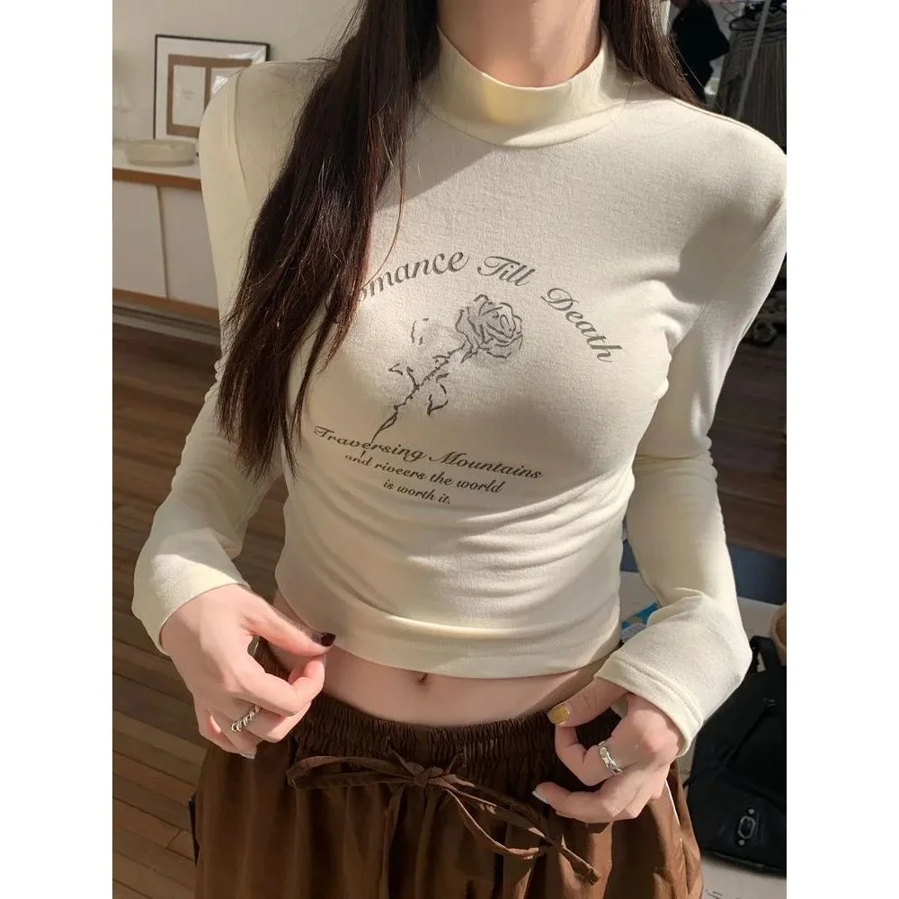 Ultra Soft Double Sided Velvet Thickened Half High Collar Women's Autumn Winter Slim Fit Short Inner Warm Top Base Shirt