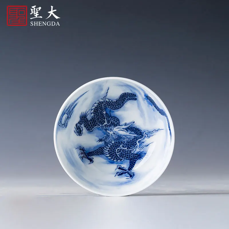 |Kung Fu tea cup tea cup pure hand-painted blue and white dragon river end Master Cup Jingdezhen hand-made tea set