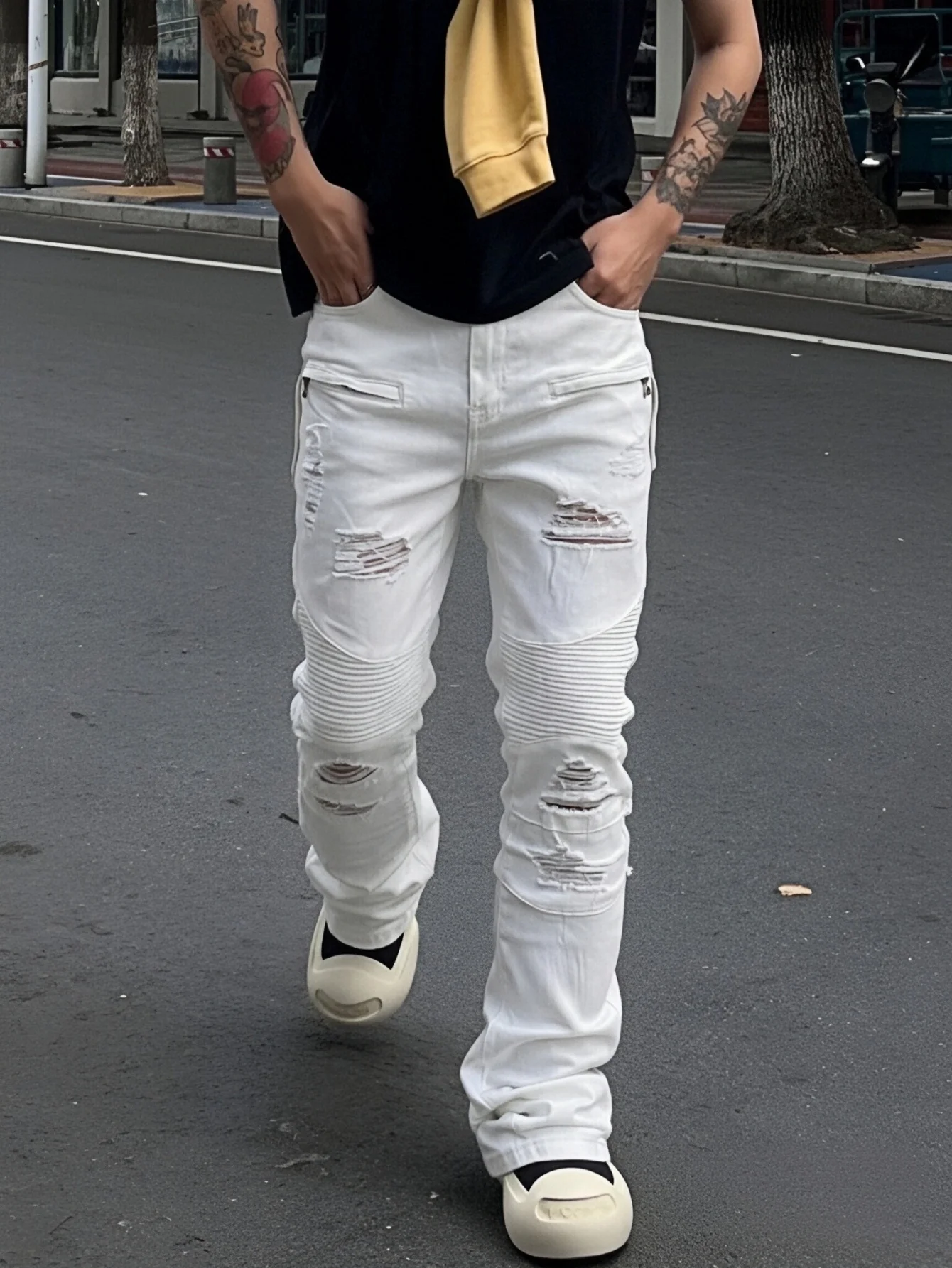 Men's Solid Color Casual Jeans with Trendy Ripped Design, Multiple Zipper Fake Pockets, Suitable for All Seasons