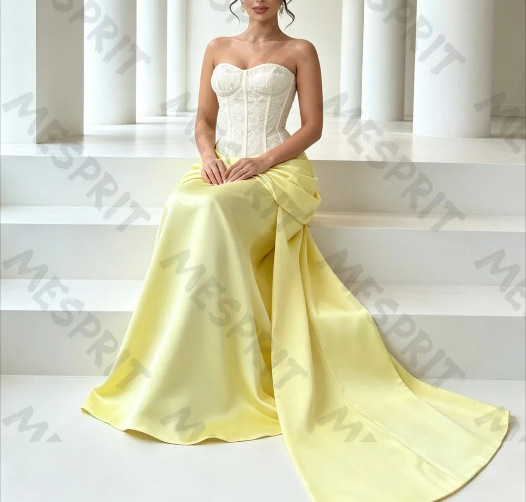 Customized Exquisite Strapless Straight Evening Gowns with Floral Lace Sleeveless Stain Waist Trailing Formal Banquet Dresses