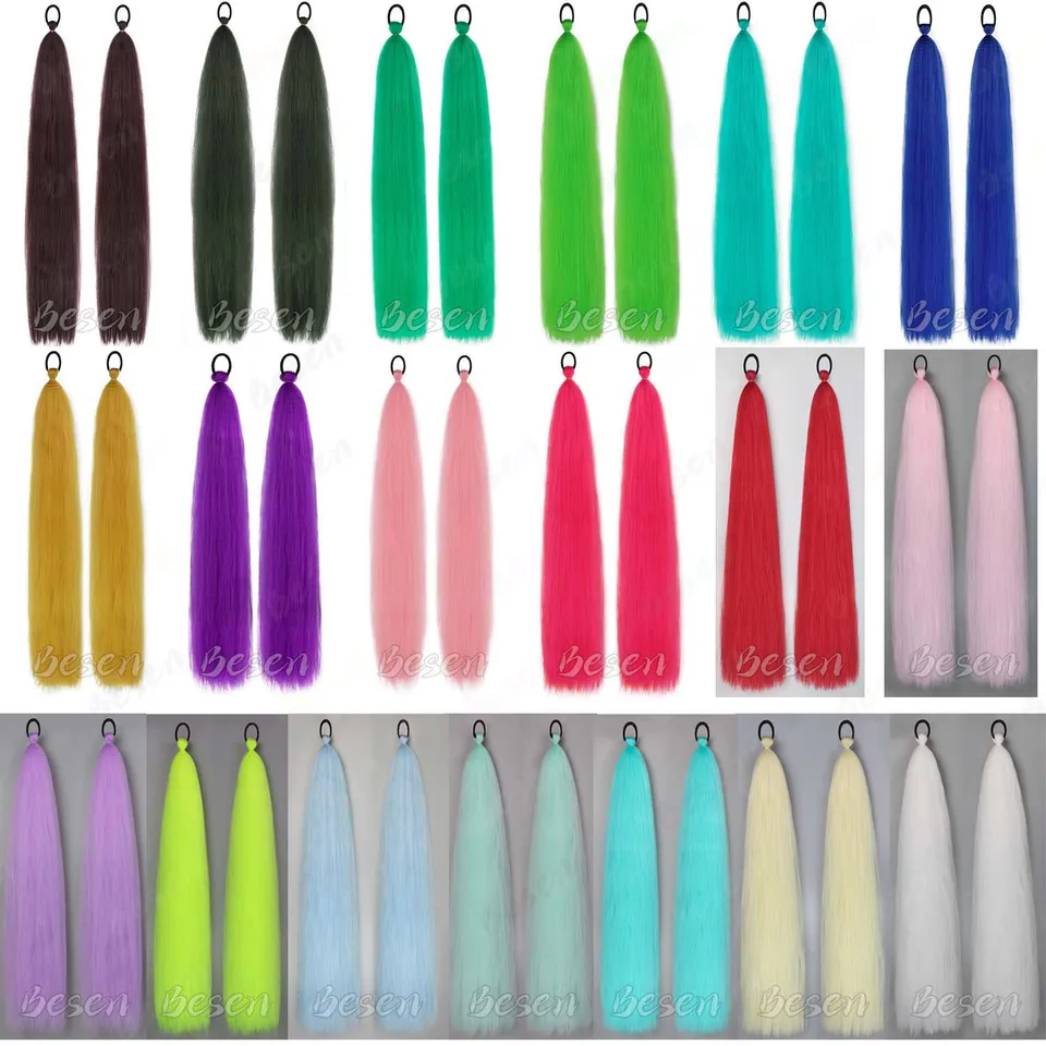 Coleta sintética de 2 piezas de 26 pulgadas en rosa neón para niñas, mujeres y niños, larga, recta y colorida, multicolor 5