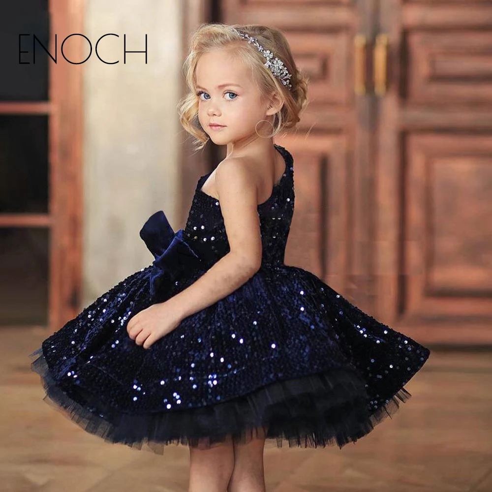 ENOCH Exquisite Flower Girl Dresses with Bow for Princess New Kids Zipper Back Knee Length One Shoulder Sequined Formal Gowns