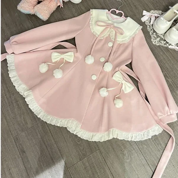 Lace Patchwork Single Breasted Party Sweet Dress Coat Japanese Kawaii Lolita Women Y2k Aesthetic Contrast Color Dresses Outwear