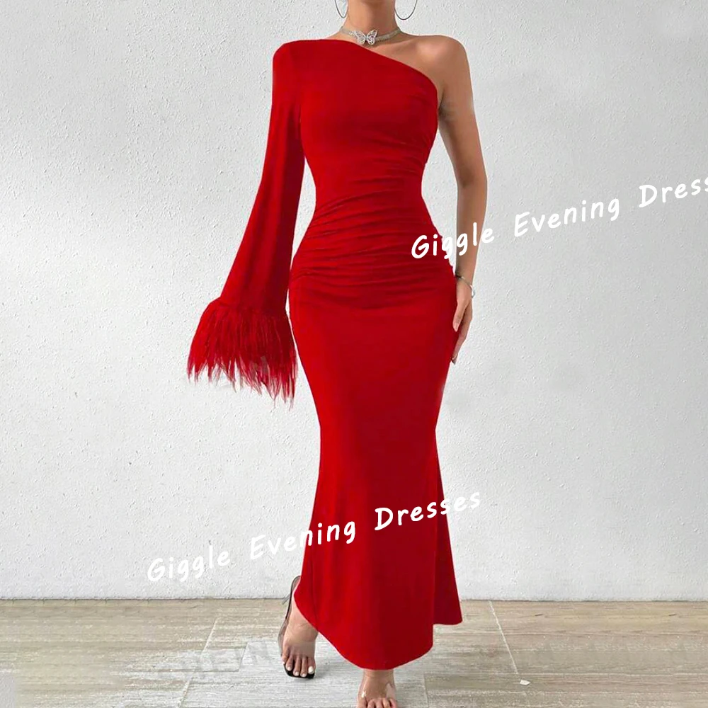 Giggle Crepe Feathers One-Shoulder Elegance Prom Gown Saudi Arab Floor-Length Close Fitting Evening Party Dresses for Women 2024