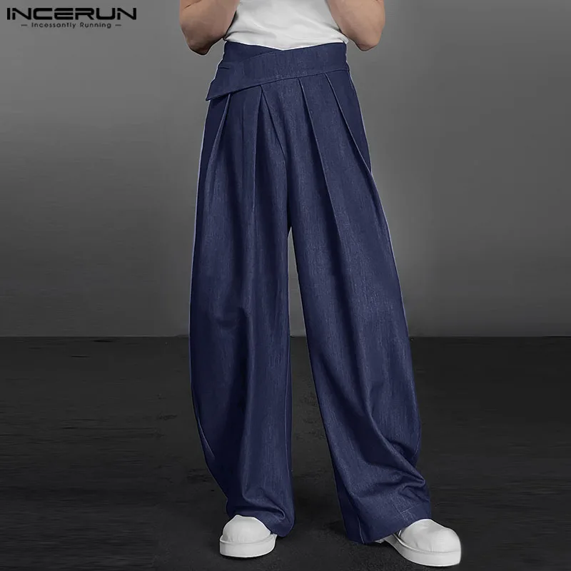 

INCERUN Men Pants Solid Color Loose Joggers Casual Straight Trousers Men Streetwear 2024 Pleated Korean Style Fashion Long Pants