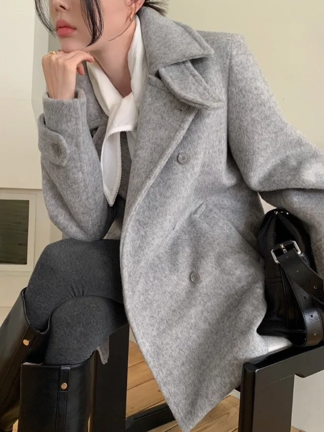 

Faionable Retro Women's Woolen Coat Double Breasted Cotton Enhanced Suit Collar mid Length Thi Korean Sle Winter Outerwear