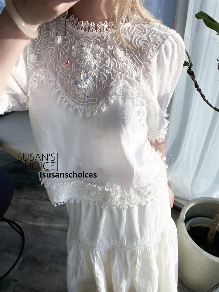 

Susan French Sle Embroidered Loose ort Sve irt White round Ne Heavy Work Hook Flower Women's Summer Breathable irt