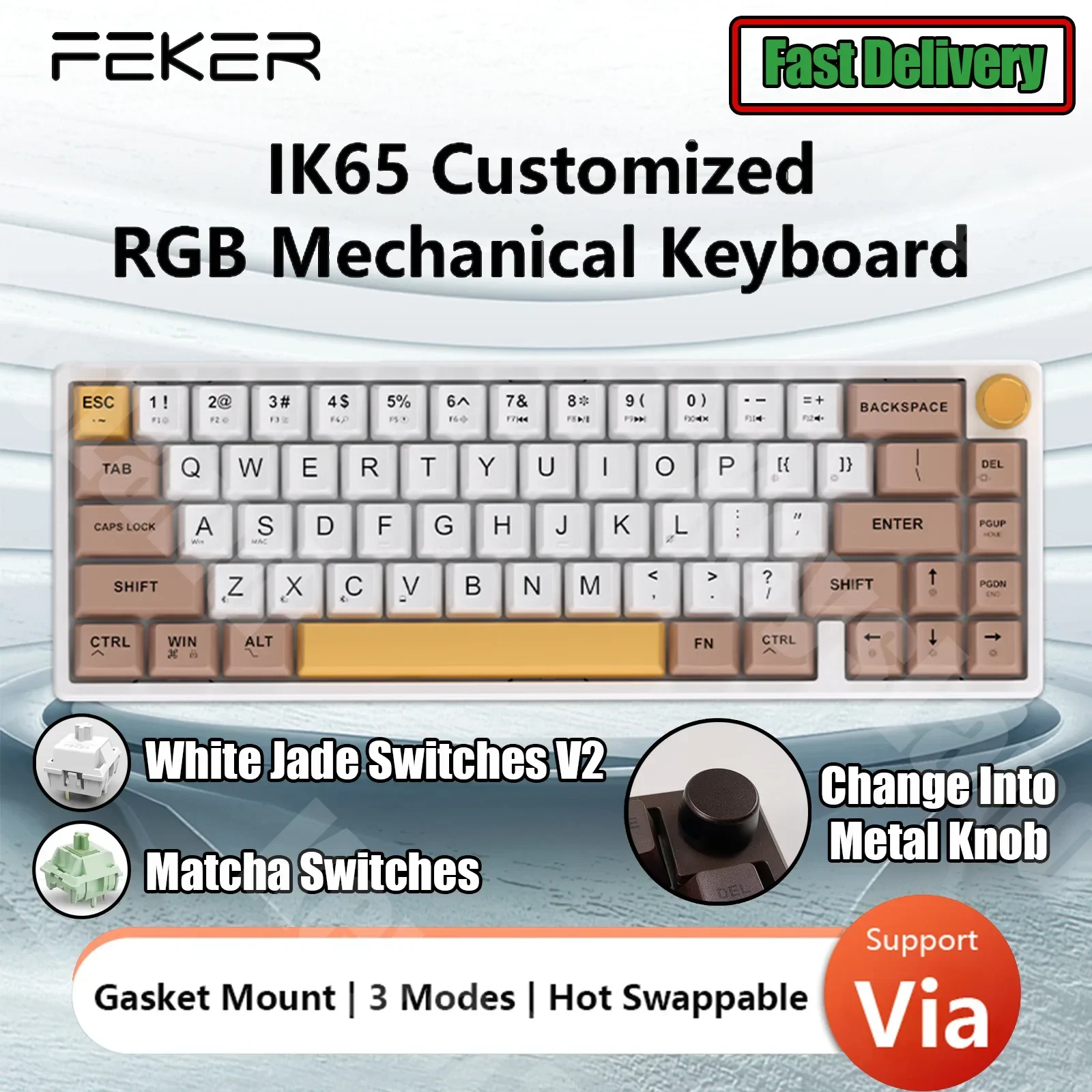 

FEKER IK65 Mechanical Keyboard RGB 3 Modes Wireless Support Via 65% 4000mah PBT keycaps Bluetooth 2.4G Gasket Knob Faker ik65