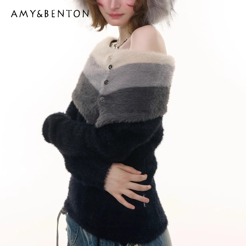 

Autumn Winter New Color-Block Striped Off-Shoulder Plush Women's Knitted Sweater American Retro Design Sweet Cute Sweater Ladies