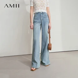 AMII Minimalist Blue Jeans Women 2025 Autumn New Versatile Denim Wide Leg Pants Low Waist Thin Casual Loose Trousers 12542121