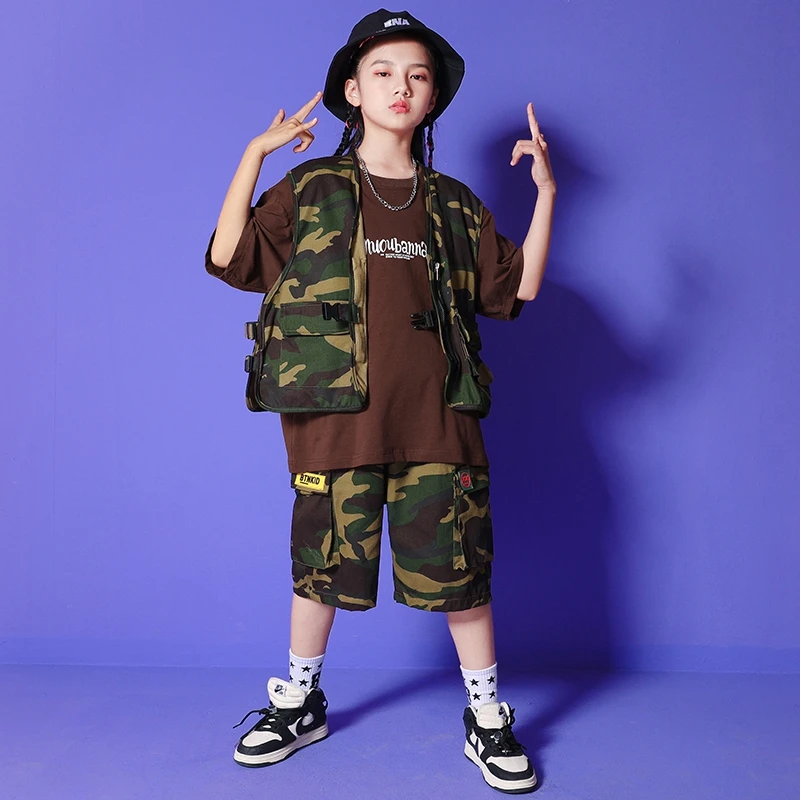 Kids Kpop Hip Hop Clothing Camo Vest Graphic Tee Oversized T Shirt Tactical Cargo Shorts for Girl Boy Jazz Dance Costume Clothes