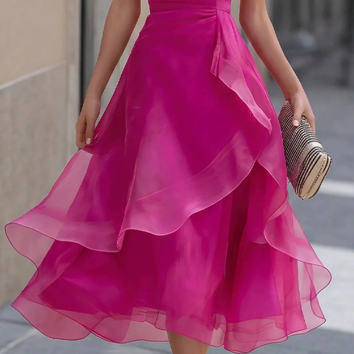 Ruffle Lined Dress Mid Waist Private Celebrity Style with Regular Sleeve Party Dress for Women Summer Travel Date Midi Length
