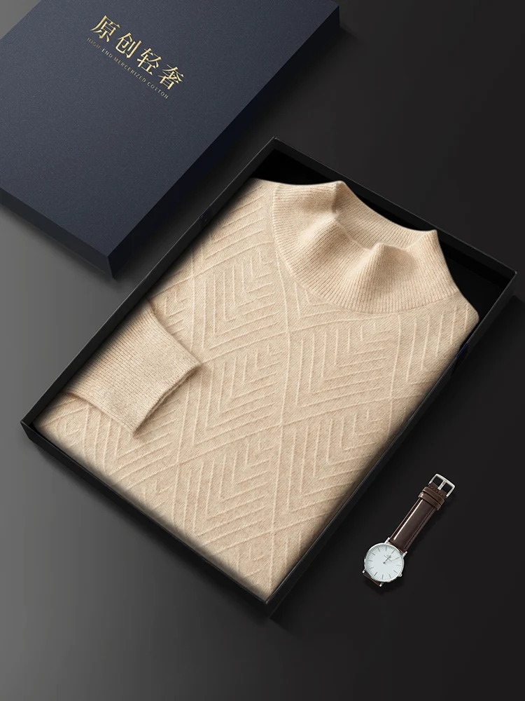 New Men 100% Cashmere Sweater Diamond shaped Fold line Mock Neck Pullover Autumn Winter Cashmere Knitwear Smart Casual Clothing