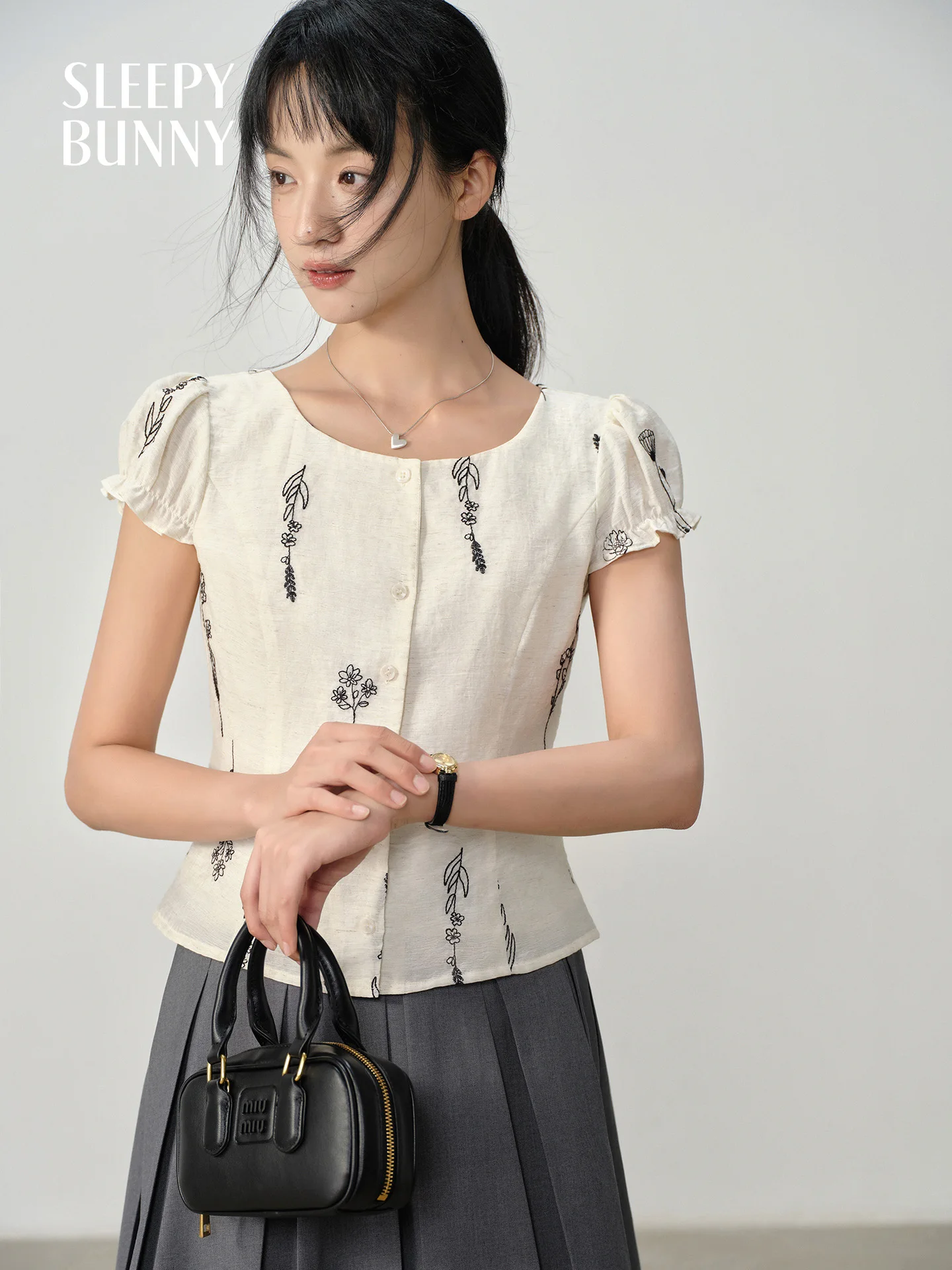 

Vintage Embroidered Linen Shirt Women Summer Slim Fit Short Sleeve Blouse Lightweight Crop Button Down Top Casual or Office Look