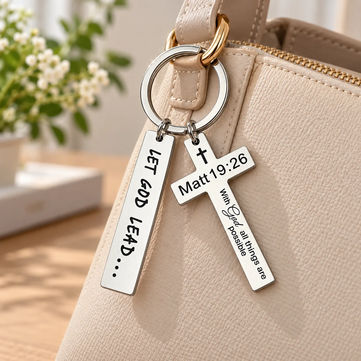 Inspirational Christian Keychain, Cross Charm Bible Verse Engraved Key Ring, Religious Faith Gift, Bag Pendant Accessory