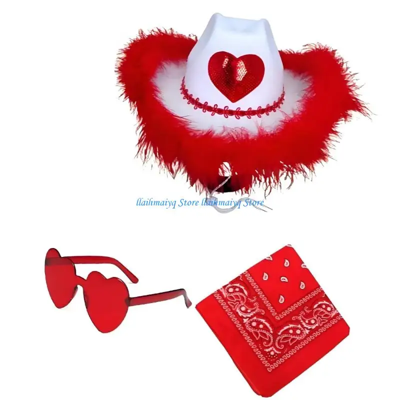 573B 3Pcs Western Outfits Cowgirl Hat Bandana Western Cowboy Costume Accessories for Halloween Party Dressing Up Pretend Play