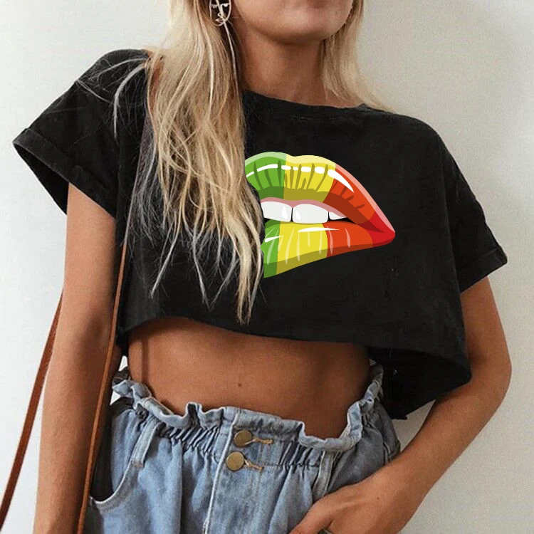 

Seeyoushy 2023 Sexy Colored Lips Print Cropped Top Women Stretch Navel Short Summer Streetwear Tshirt Harajuku Top Women Clothes