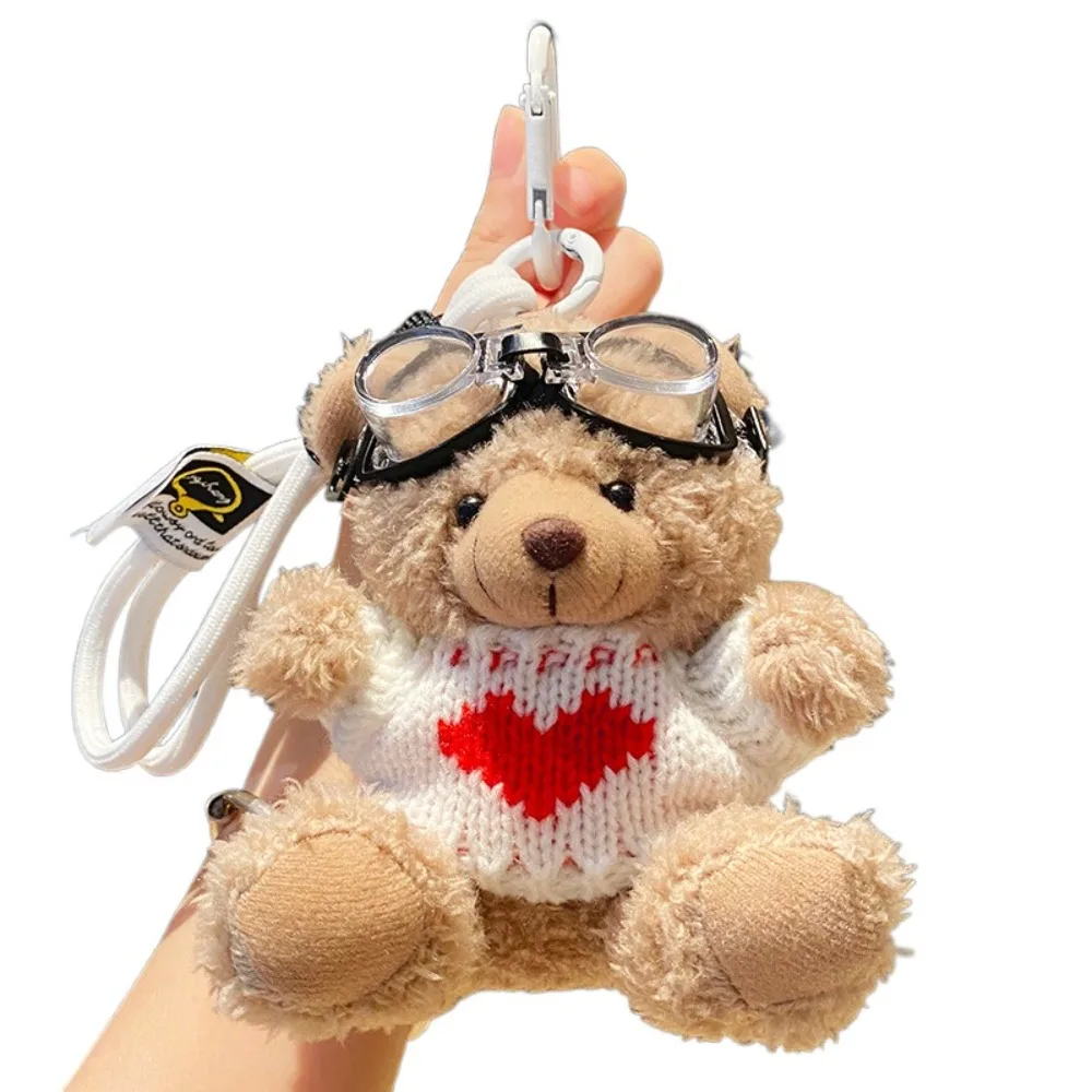 Creative Goggles Pilot Bear Keychain Pearl Bell Plush Bear Key Ring Hanging Rope Pink Stuffed Animal Pendant Men