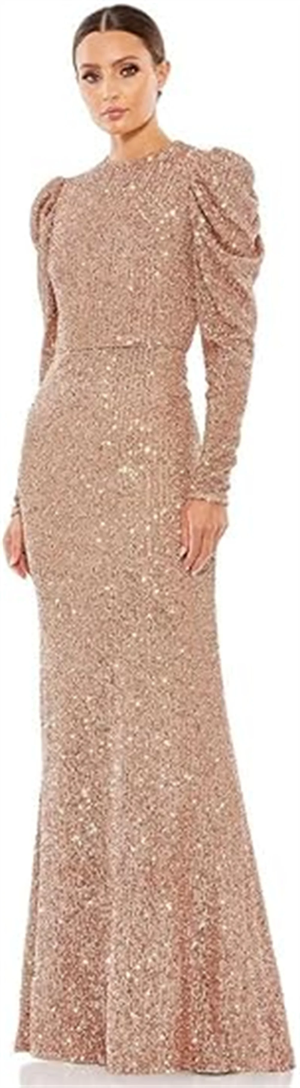 

Customized Womens Puff Sleeve Mother Of The Bride Dresses For Wedding Evening Party Shiny Sequin Mermaid Long Sleeve Bridesmaid