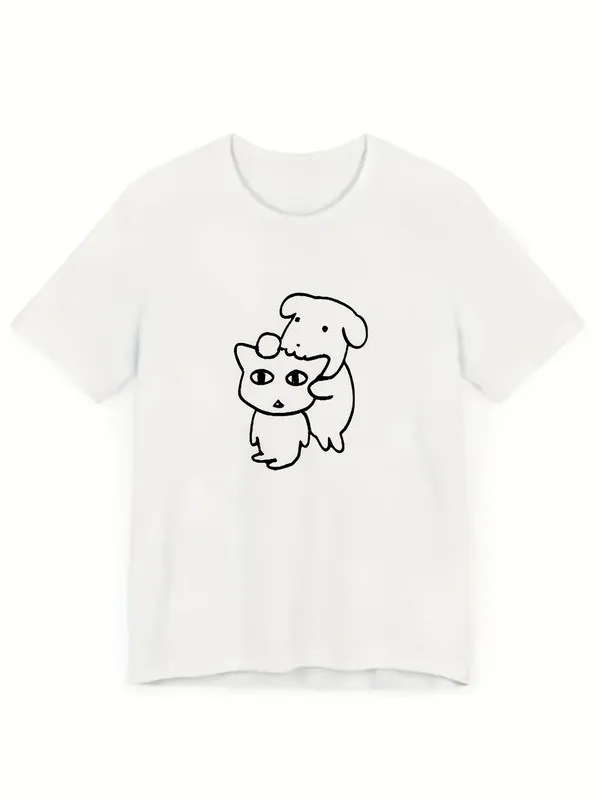 Unisex Casual Crew Neck T - Shirt with Cute Dog & Cat Print - White Cotton, Breathable, All - Season Daily Wear Cartoon Animal Graphic Tee