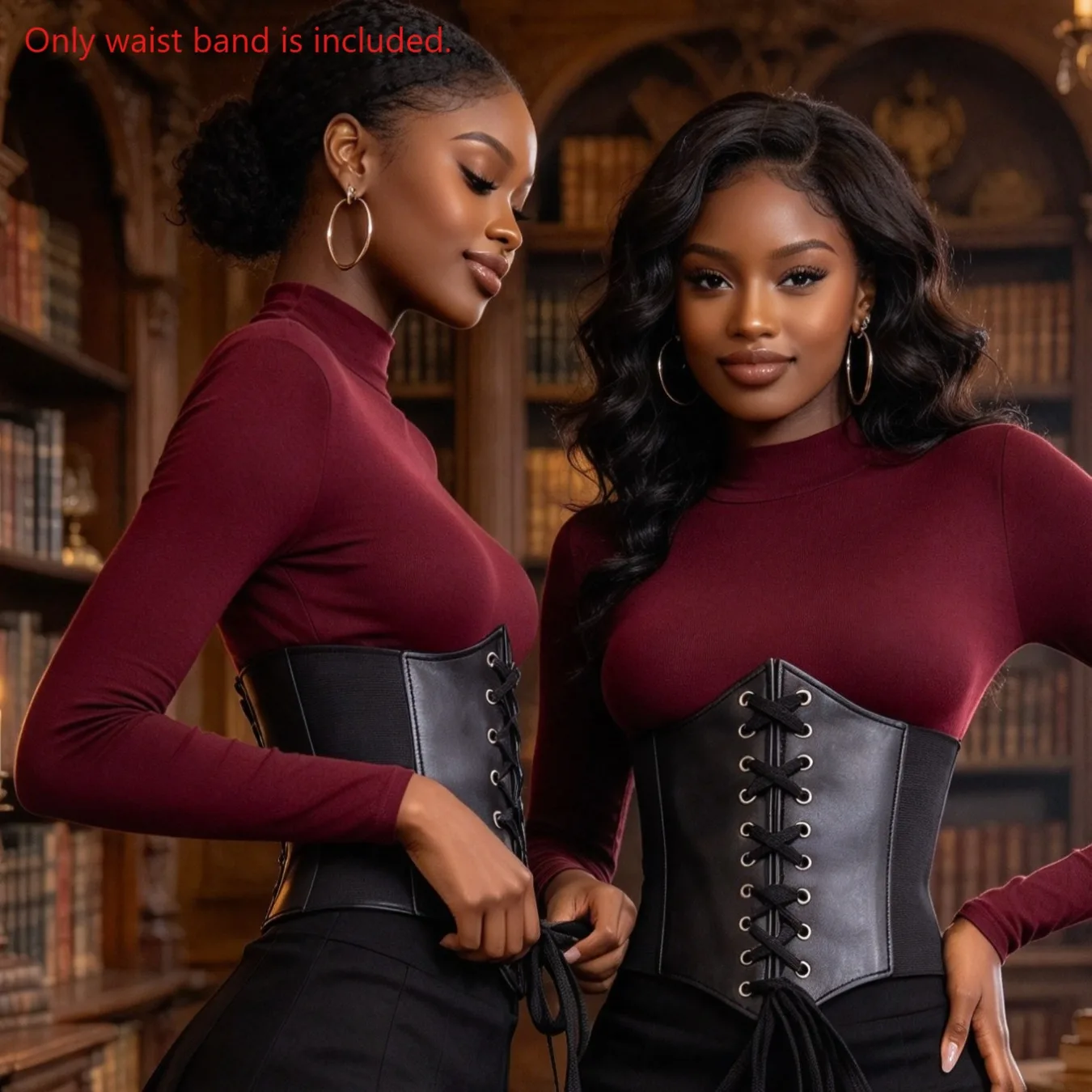 Women Court Style Corset Lace Up Waistband Cosplay Costume Matching Sweater Dress Elastic Waist Belt 2 Pcs Set