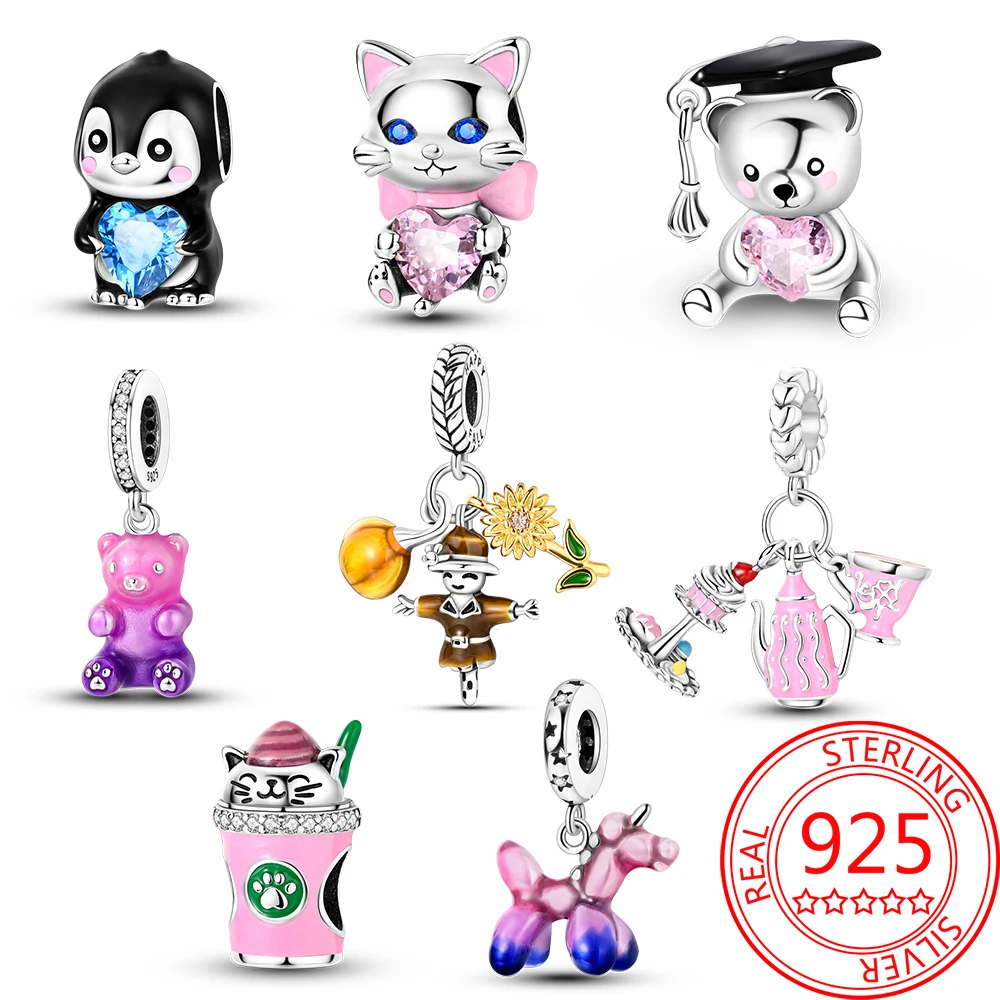 925 Sterling Silver Cat&Bear&Penguin&Scarecrow&Tea Pot&Coffee Cup Dangle Charm Fit DIY Bracelet Necklaces Children's Jewelry