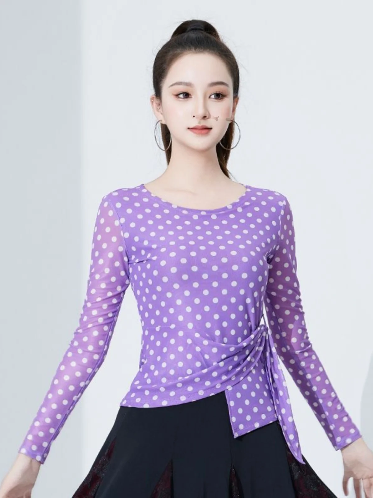 Odzież do tańca nowoczesnego, top damski, wyszczuplająca odzież taneczna, ubrania do tańca towarzyskiego, poliester, długi rękaw, okrągły dekolt.