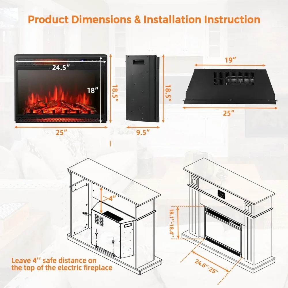 Inserto per camino elettrico da 25 pollici, riscaldatore elettrico da incasso con 3 colori di fiamma disponibili e 4 luminosità, 900/1350W