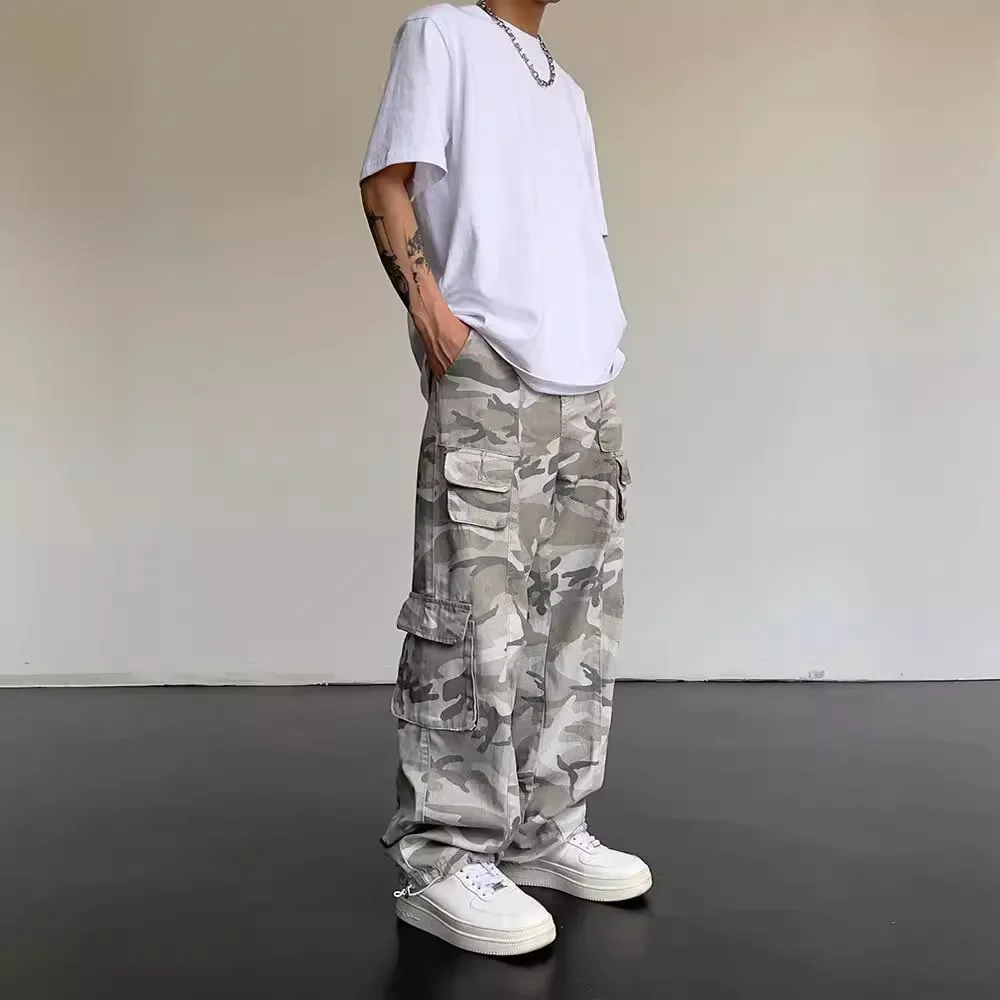 Vintage American Style Camouflage Pants Men's Loose Straight Leg Cargo Pants Casual Trousers Hip Hop Streetwear Washing