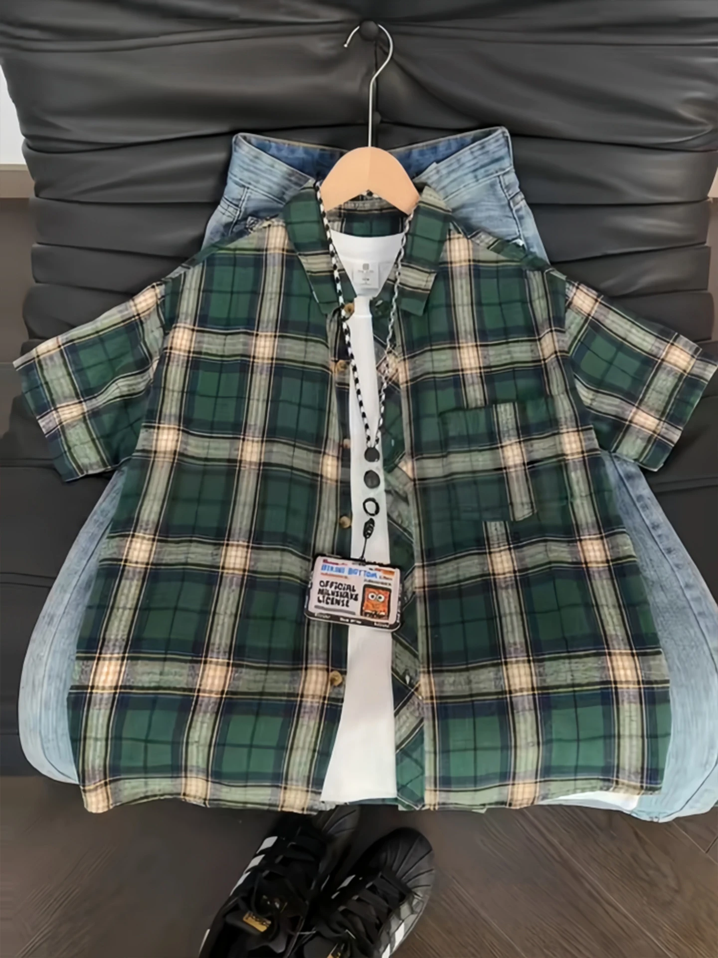 

een Plaid Contrast Color ort Sve Men's irt Summer Thin Lazy Sle Layered Vintage Collar Jaet Breathable Skin-Frie...