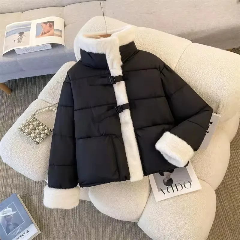Women Cotton Coat  Cuff Splicing Lamb Wool Stand Collar Warm Parkas Winter Coat Thicken Warm Bread Outerwear Female