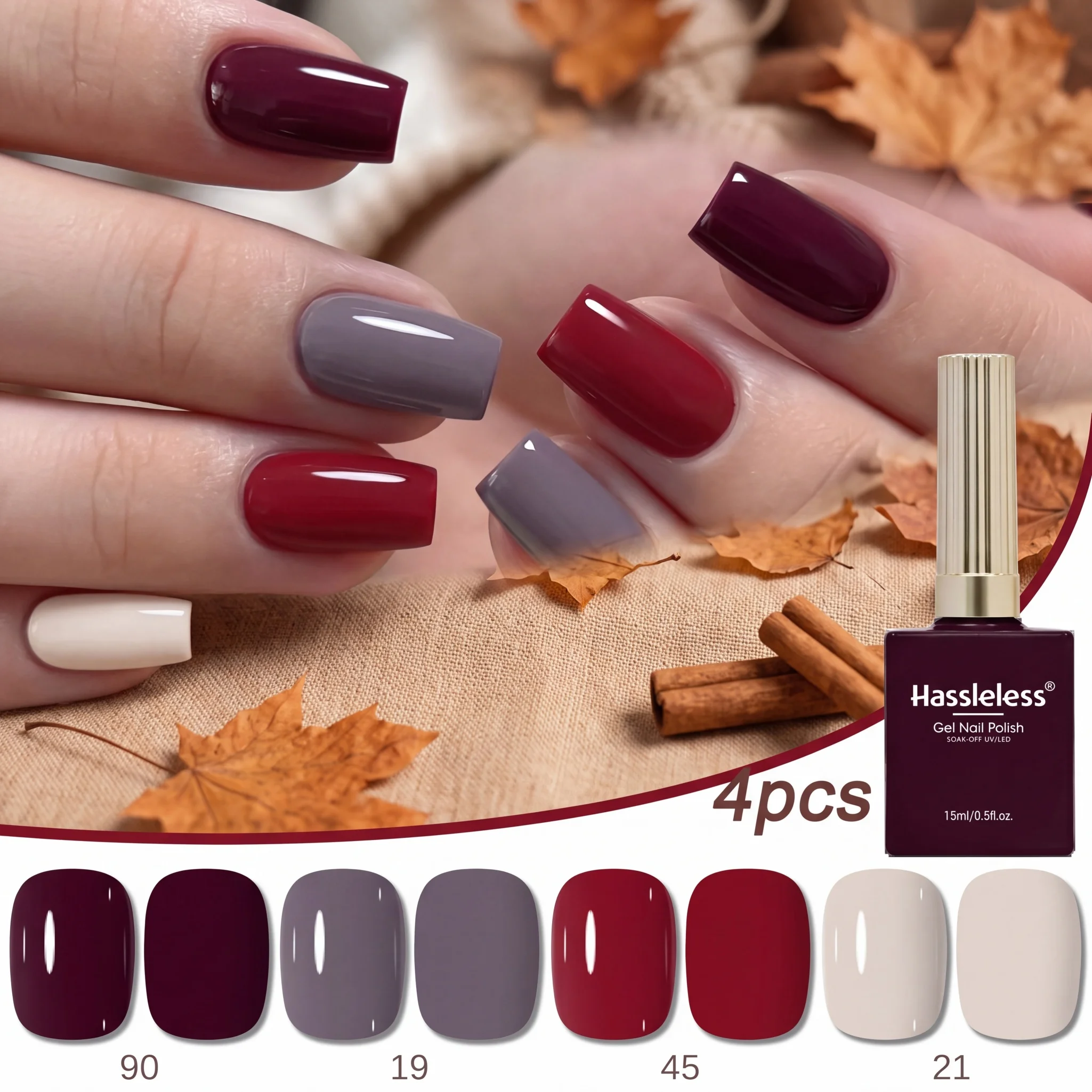 Hassleless 4Pcs Autumn and Winter Matte Nail Polish Gel Set Removable Uv Nail Polish Gel Retro Wine Red Gray Tone Whitening Effect Home Salon Manicure DIY Nail Polish Gel Set