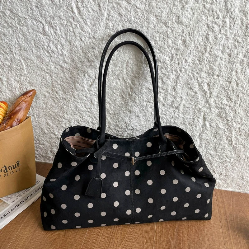 Vintage Polka Dot Drawstring Tote Large‑capacity Sanded Texture Shoulder Bag Women's  Daily Office Shopping Casual Ladies Purse