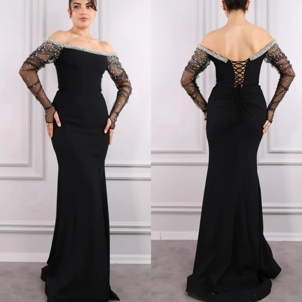 

Customized Jersey Sequined Pleat Christmas Sheath Off-the-shoulder Bespoke Occasion Gown Long Dresses