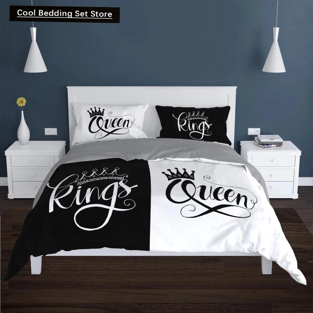 

Couples Modern Duvet Cover Queen 220x240 260x240 Crown Bedding Set Black White Bed Cover For Double Bed 2 sp Adult Bedroom Set