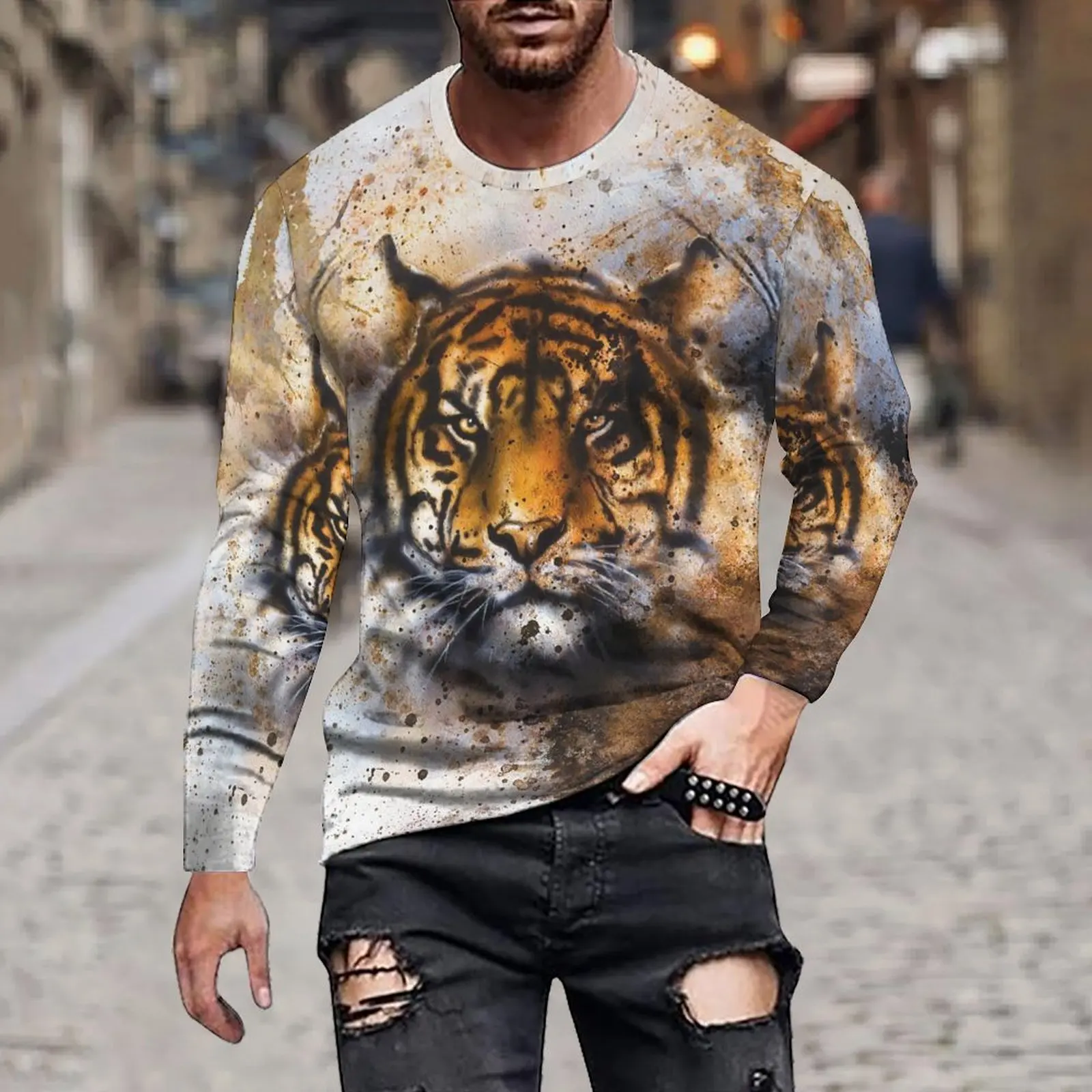 Autumn Men's/Women's Fashion Loose Casual Hoodie Irregular Simulation Oil Painting Style Animal Print Long-Sleeved T-Shirt