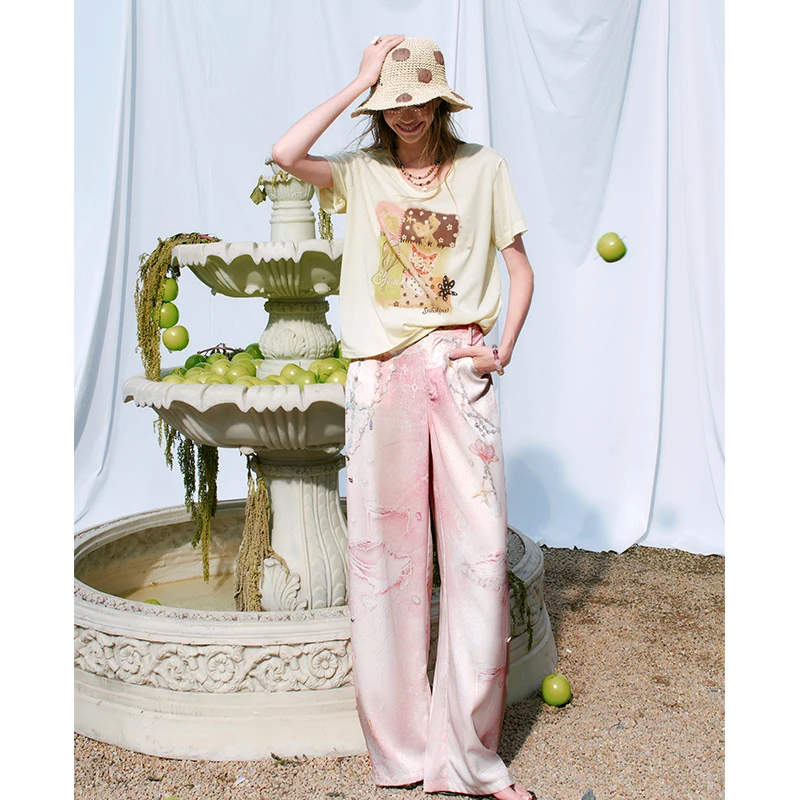 ELFSACK Women's Sweet Wide‑Leg Pants with Trompe L'oeil Faux Denim Print & Lace Chain Detail, Cool Breathable Casual Bottom