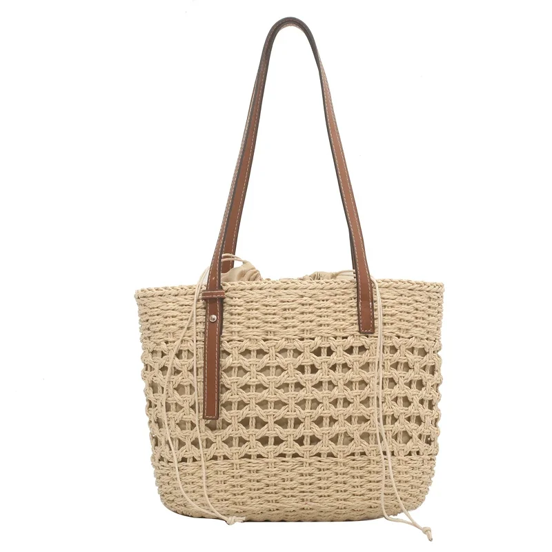 Large Straw Bucket Bag for Women 2024 Summer Trendy Weave Brand Beach Basket Top Handle Handbags Fashion Simple Shoulder Bags