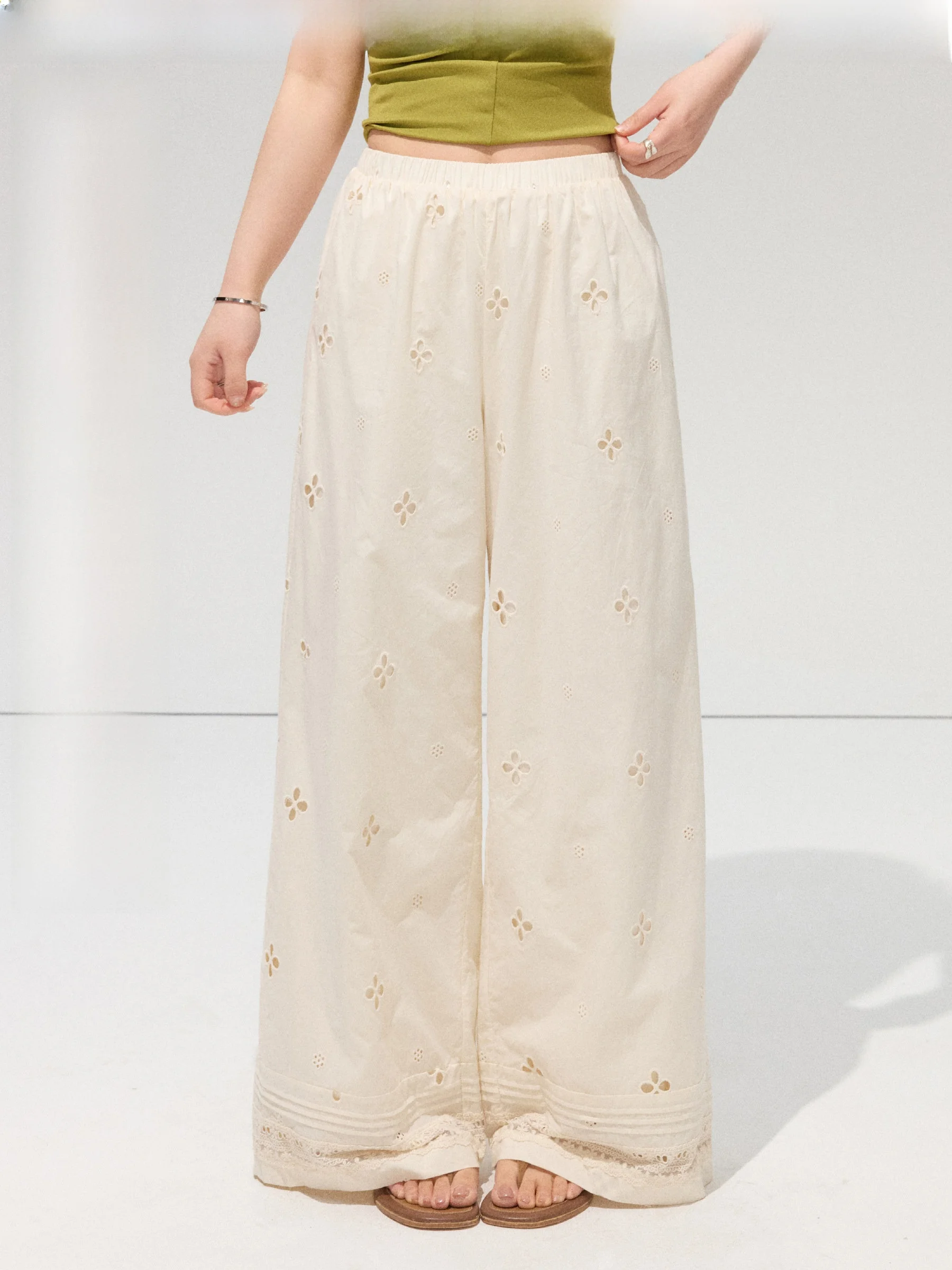 

JULULOOK Studio "Sunbath" Embroidered Hollow Wide Leg Pants Casual Big Size Women's Cotton Spring Summer Fashion Ladies